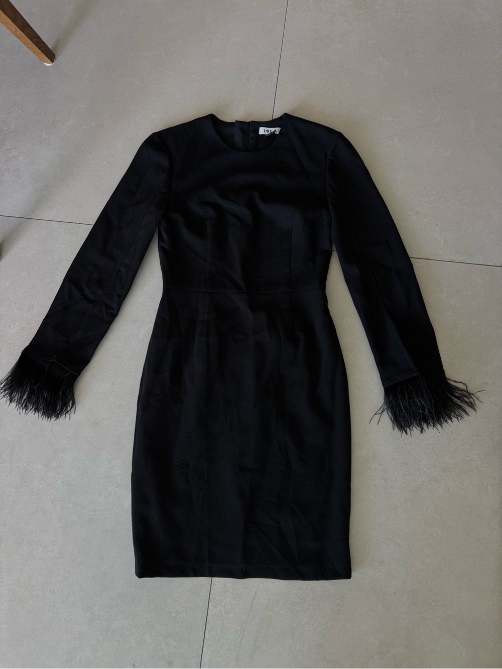 Black Feather-Cuff Long Sleeve Bodycon Dress